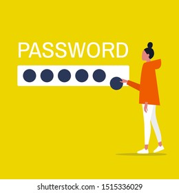 Cyber security. Young female character entering a password. User access to account. Flat editable vector illustration, clip art