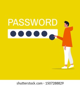 Cyber security. Young male character entering a password. User access to account. Flat editable vector illustration, clip art