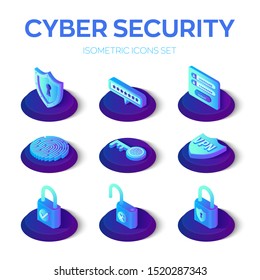 Cyber Sequrity icons set. 3D isometric data protection icons. Personal data protection. Authorization form, password, sequrity shield, key, lock, fingerprint, vpn Vector illustration.