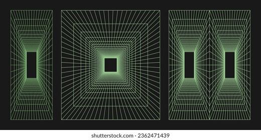 Cyber ​​grid set, retro punk perspective rectangular tunnel. Mesh tunnel geometry on black background. Trendy psychedelic vector elements for design.