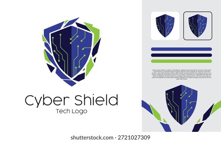 Logotipo del escudo cibernético con el patrón de la placa de circuito que representa la seguridad digital y la protección de la tecnología ideal para las empresas de TI y los conceptos de seguridad de datos