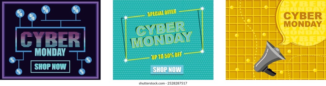 Cyber ​​Monday, Shop Now. Placard with discount up to 50 percent, cyber monday lettering and sale tag. Special offer price sign. Set flat vector modern illustration 