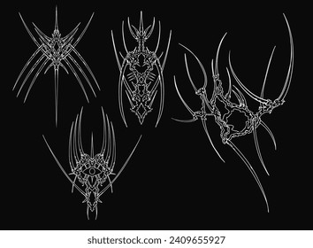 Cyber sigilism elements. Neo Tribal symmetrical shapes, gothic sharp spikes with heart. Vector set