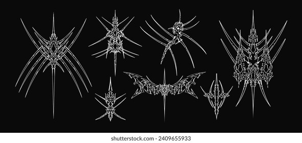 Cyber sigilism elements. Neo Tribal symmetrical shapes, gothic sharp spikes with heart. Vector set