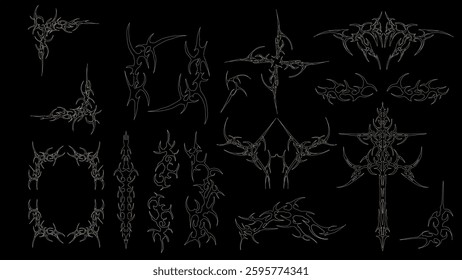Cyber sigilism vector set, neo tribal tattoo, cyber gothic streetwear elements designs identity branding