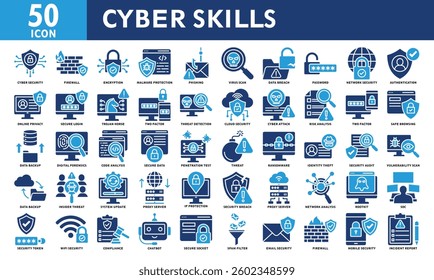 Cyber skills icon set collection. Simple color fill vector.