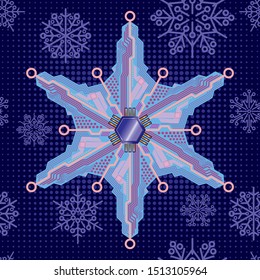 Cyber Snowflake. Christmas decorations for the Christmas tree in the form of snowflakes made of microcircuits