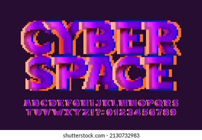 Schriftart des Cyber-Space-Alphabets. Pixel digitale Farbverlauf-Buchstaben und Zahlen. Arcade-Videospieltypeface der 80er Jahre.
