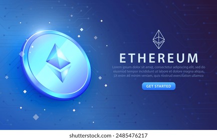 Cyber space banner with 3d glowing cyan coin with Ethereum logo on blue background with sparkles. Template of webpage with Ether (ETH) token and advertising text. Cryptocurrency, blockchain technology