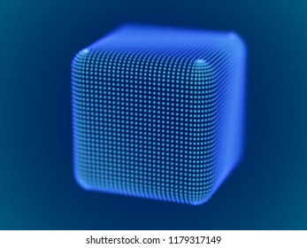 Cyber space concept: 3d digital cube consisting of glowing particles. Cyber security, big data, data storage visual concept. EPS 10, vector illustration.