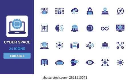 Cyber Space icon set showcasing virtual reality worlds, global network grids, online security shields and cloud hosting database connections.