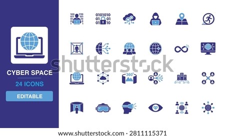 Cyber Space icon set showcasing virtual reality worlds, global network grids, online security shields and cloud hosting database connections.