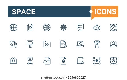 Cyber space icons in linear style. Related to moon, art, astronomy, space, rocket, ufo, virtual and more. Modern thin icons. Solid line editable vector illustration.