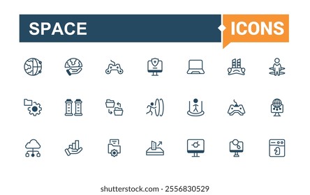 Cyber space icons in linear style. Related to moon, art, astronomy, space, rocket, ufo, virtual and more. Modern thin icons. Solid line editable vector illustration.