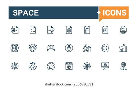 Cyber space icons in linear style. Related to moon, art, astronomy, space, rocket, ufo, virtual and more. Modern thin icons. Solid line editable vector illustration.