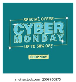 Cyber ​​Monday special offer with light effects. Sales advertisement on turquoise blue background. Cyber ​​Monday concept. Flat vector illustration.