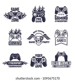 Cyber sport badges and labels. Pictures for gamers. Console and joystick. Vector of game zone for play with controller video illustration