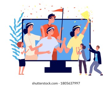 Cyber sport competition winners. Happy team with golden cup on computer screen. Flat cartoon fans, fun online sportsman award vector illustration