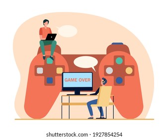 Cyber sport competitors. Tiny gamers playing online game at huge controller. Flat vector illustration. Entertainment, leisure, virtual activity concept for banner, website design or landing web page