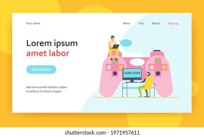 Cyber sport competitors. Tiny gamers playing online game at huge controller. Flat vector illustration. Entertainment, leisure, virtual activity concept for banner, website design or landing web page