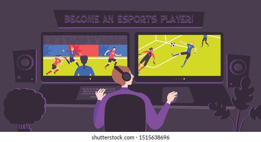 Cyber sport composition with indoor view of room with neon lights and screens showing football game vector illustration