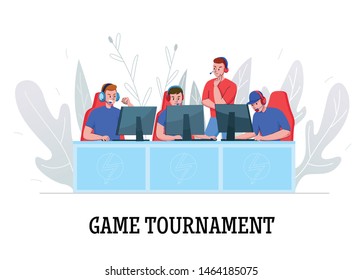 Cyber sport composition with text and human characters of cyber sport game tournament participants with referee vector illustration