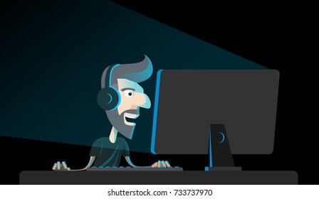 Cyber Sport Gamer Character Dude Playing Computer Games Late at Night Vector Art Design Illustration