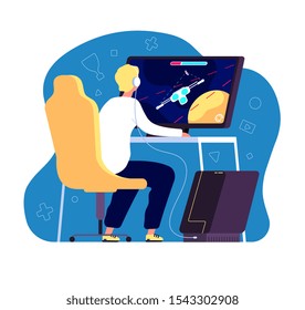Cyber sport gamer. Professional e sports tournament event, player at computer with video game live stream on monitor vector concept