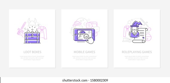 Cyber sport and gaming - line design style banners. Loot boxes, mobile and roleplaying games ideas thin line illustrations with icons and place for your text. E-sport equipment, smartphone, tools