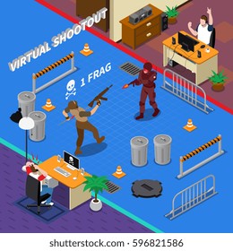Cyber sport isometric composition including players near home computer and scene of virtual shooting 3d vector illustration