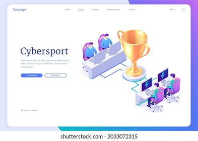 Cyber sport isometric landing page, pc gamer competition, professional gaming tournament, participant teams compete sitting at computer monitors front of huge golden trophy, 3d vector web banner