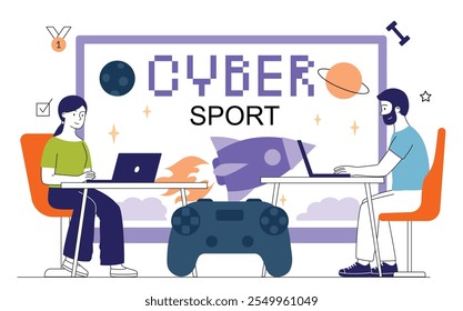 Ciberdeportistas. Video Hombre y mujer con ordenadores portátiles sentados y jugando juegos y juegos de arcade. Competiciones y torneos. Club de deportes. Ilustración vectorial lineal aislada sobre fondo blanco