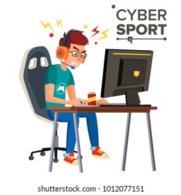 Cyber Sport Player Vector. Participant Of Cyber Sport Tournament. Event. Esport Event Poster Concept. Isolated Flat Cartoon Character Illustration
