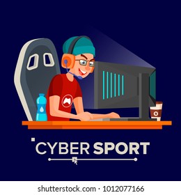 Cyber Sport Player Vector. Sitzen am Tisch. Cybersportturnier. Wettbewerbsfähiges MMORPG. Endgültige Übereinstimmung. Spiel taktisch. Flaches Cartoon-Illustration