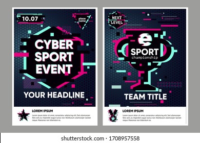 Cyber sport poster. Electronic games backgrounds. Glitch style banner for web event. Vector illustration, neon colors