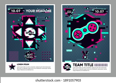 Cyber Sport Poster. Video Game Flyer. Electronic Games Backgrounds. Glitch Style Banner For Web Event. Vector Illustration, Neon Colors