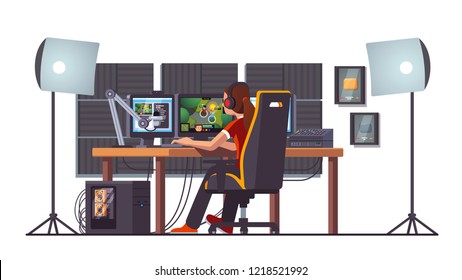 Cyber Sport Pro Gamer Woman Live Streaming Game Match Sitting At Professional Studio With Pc Desk Setup, Gaming Chair, Mic, Spotlights & Webcam. Cyber Sport Streamer. Flat Vector Interior Illustration