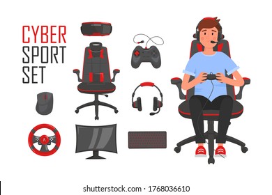 Cyber Sport Set. ESports Gaming Icons With Young Gamer Sitting In Chair And Playing Video Game. Vector Cartoon Illustration.