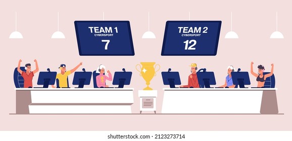 Cyber sport teams battle, e-sport championship. Cybersport player vs player battle vector illustration. E-sport competition battle for golden prize. Characters competing to get trophy