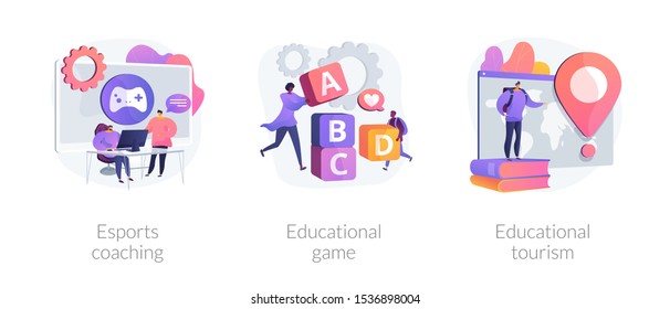 Cyber sport training, entertaining studying, worldwide travel icons set. Esports coaching, educational game, educational tourism metaphors. Vector isolated concept metaphor illustrations