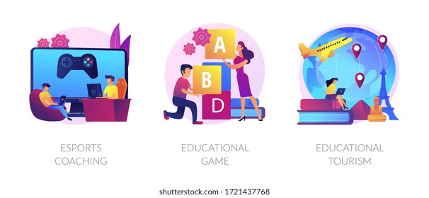 Cyber sport training, entertaining studying, worldwide travel icons set. Esports coaching, educational game, educational tourism metaphors. Vector isolated concept metaphor illustrations