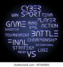 Cyber sport. Vector words and phrases related to computer games tournaments placed in circle shape