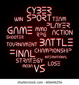 Cyber sport. Vector words and phrases related to computer games tournaments placed in circle shape
