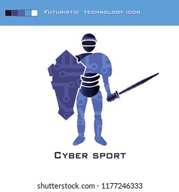 Cyber sport. Warrior. Computer game. Virtual reality. Shield and sword.
