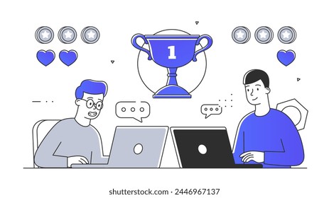 Cyber sports gamers simple. Two men sitting with laptops. Cybersportsmen competition and tournament. People play in video games. Doodle flat vector illustration isolated on white background