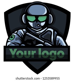 Cyber sports logo with a character in the style of military