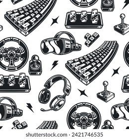 Cyber sports seamless pattern monochrome for cyber sportsman with keyboard and headphones or steering wheel for car simulator vector illustration
