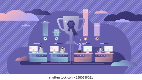 Cyber sports vector illustration. Virtual game type in flat tiny persons concept. E-sports process with participant teams and opponents. Professional IT entertainment console gamer as winner in battle