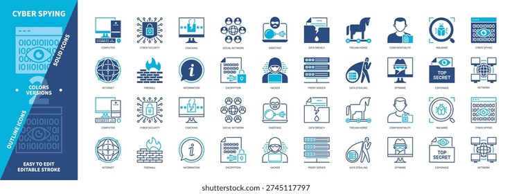 Cyber Spying icon set. Proxy Server, Cracking, Network, Espionage, Firewall, Trojan Horse, Confidentiality, Internet. Duotone color solid and editable outline icons