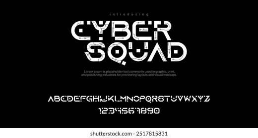 Cyber Squad-Alphabet, futuristische hohe Buchstaben, geometrische Schriftart für Logo, HUD-Text, elektronisches Tech-Monogramm, Hitech-Schlagzeile, Matrix-Typografie, Hacker-Typografie. Vektortypografisches Design